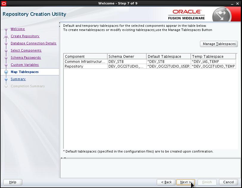 Step 7, Map tablespaces to Repository users. All default tablespace names and tablespace-user mappings are accepted.