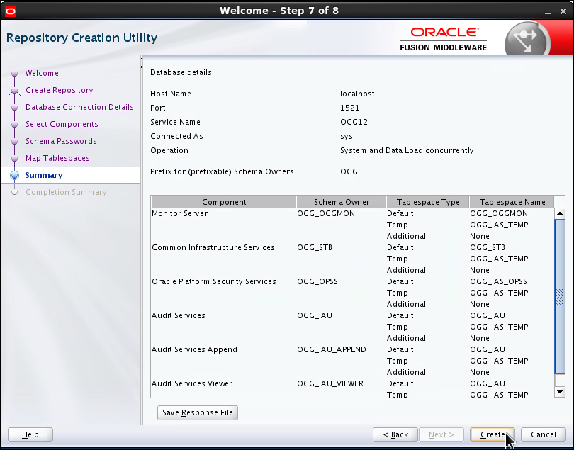 RCU displays a summary of the chosen options The "Create" button is selected, ready to be clicked