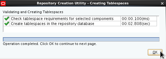 RCU alerts that any tablespace which does not exist in the selected schema will be created. The "OK" button is selected