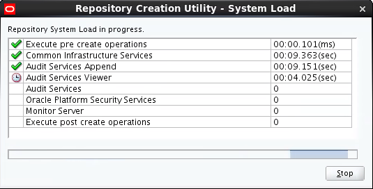 RCU displays the progress window which shows the repository system load. Two green tick are shown while the repository load operation, currently being performed, shows a watch icon, rather than a green tick, to mean that the operation is in progress.