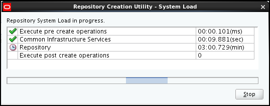 RCU displays the progress window which shows the repository system load. Two green tick are shown while the repository load operation, currently being performed, shows a watch icon, rather than a green tick, to mean that the operation is in progress.
