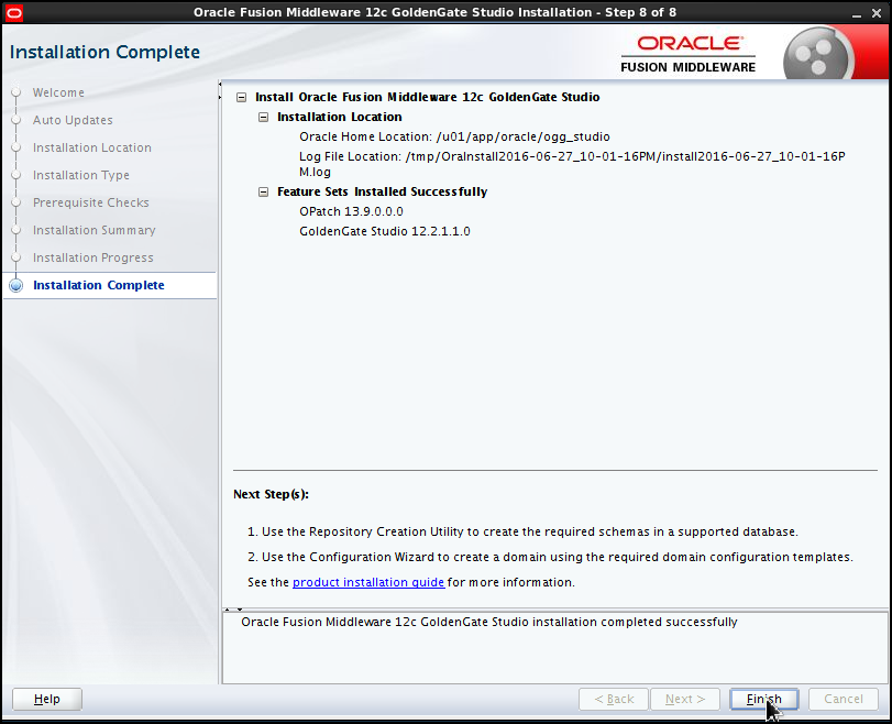 Installer step 8: Installation summary is displayed, showing the installation location (/u01/app/oracle/ogg_studio) and the feature sets installed (OPatch 13.9.0.0.0 and GoldenGate Studio 12.2.1.1.0.