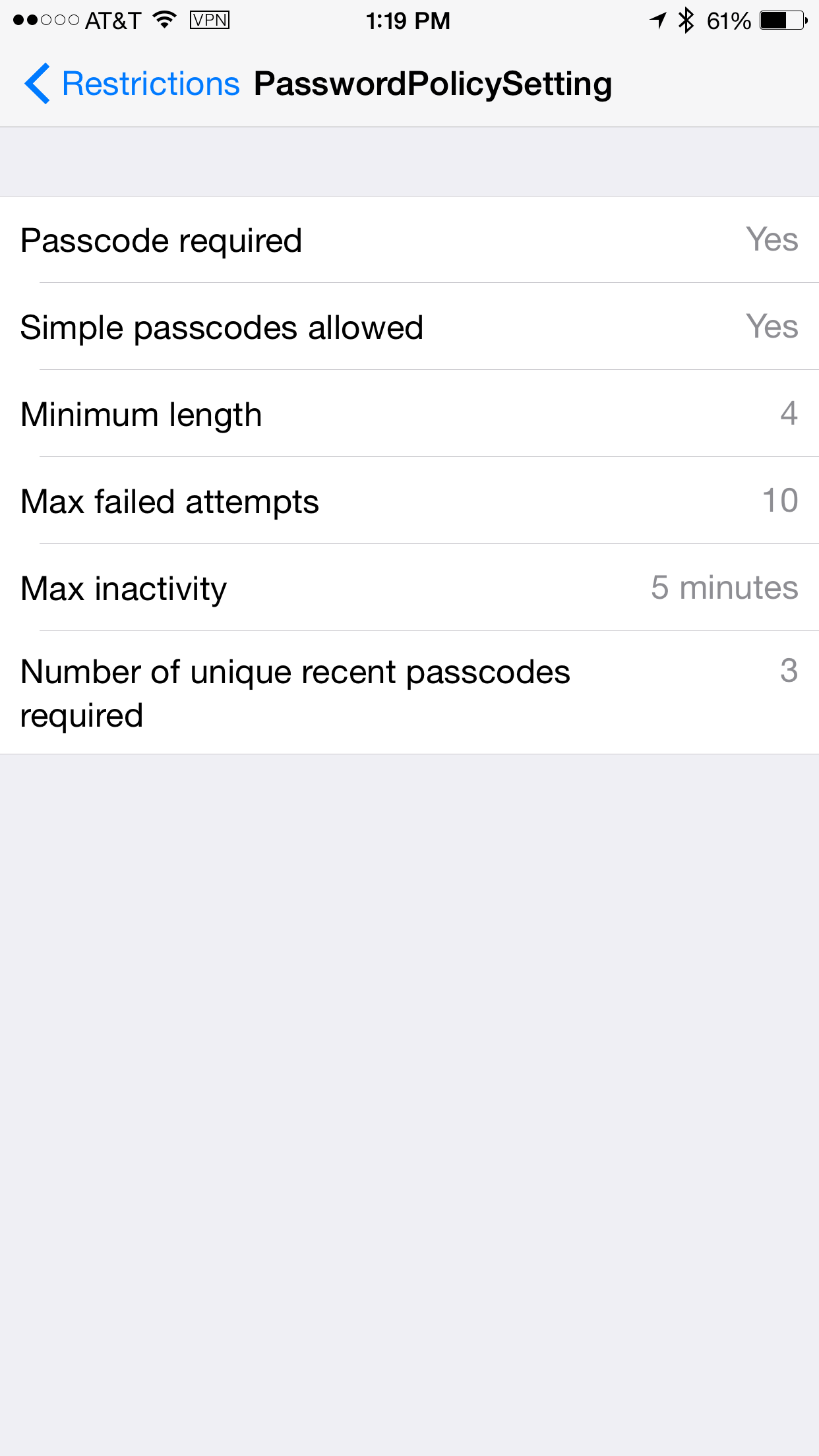 Restriction Password Policy settings