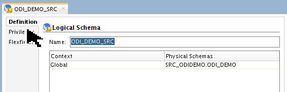 Logical Schema Definition ODI_DEMO_SRC screen
