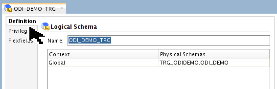 Logical Schema Definition ODI_DEMO_TRG screen