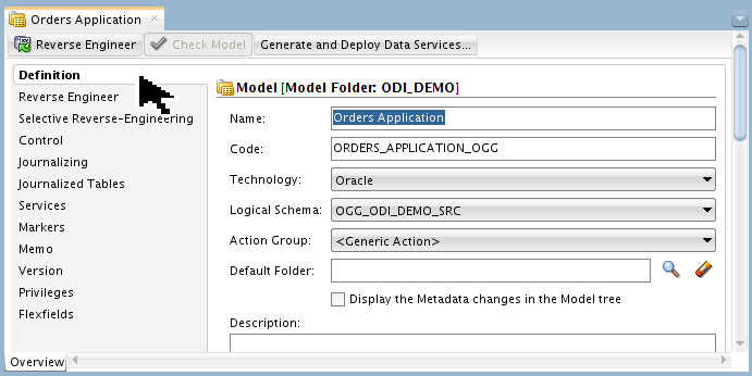 Orders Application Definition screen