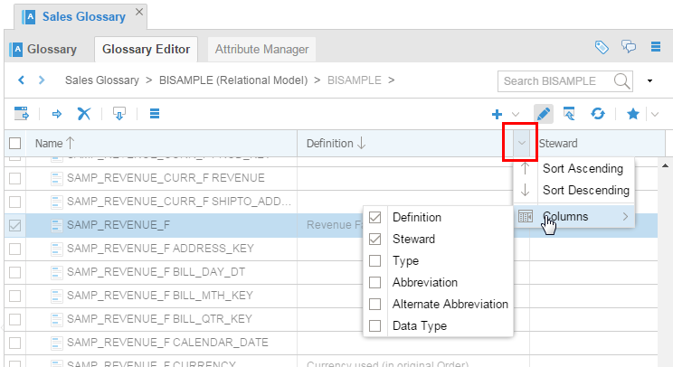 Sort column headings