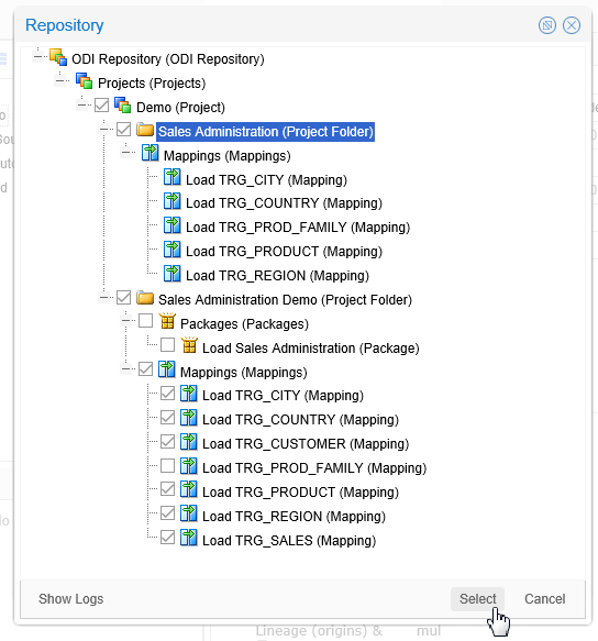 Repository Select objects