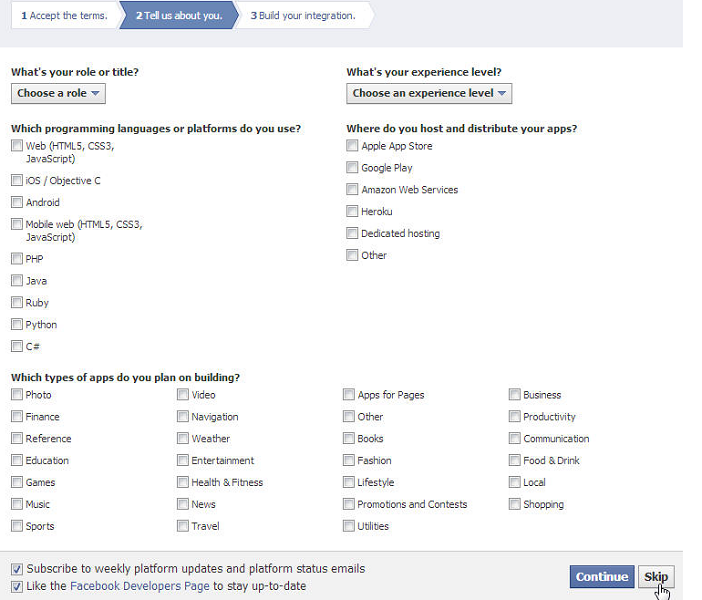 Facebook developer page