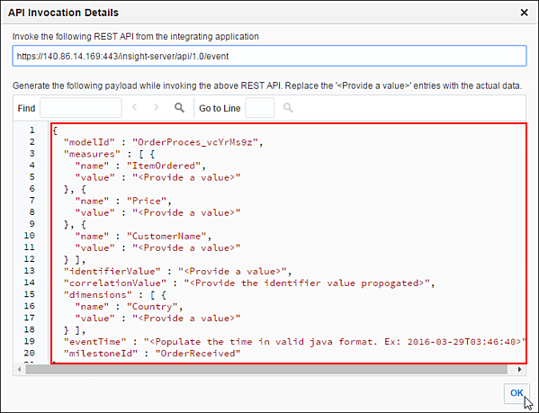 Viewing the API Invocation Details dialog box for the Order Received milestone