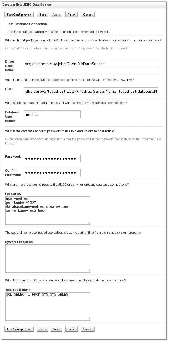 Create a New JDBC Data Source - Test Configuration