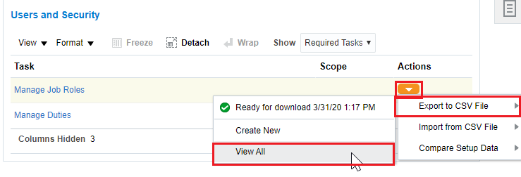 Manage Job Roles: Actions > Export to CSV File > View All