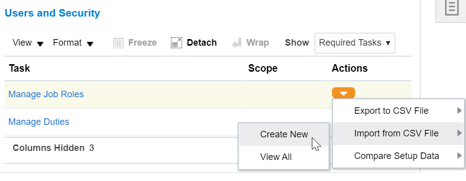 Manage Job Roles: Actions > Import from CSV Files > Create New
