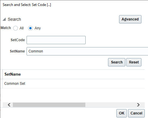 Searchable list of values for Set Code