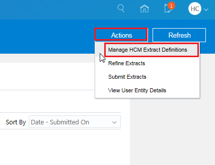Tasks menu item Manage Extract Definitions