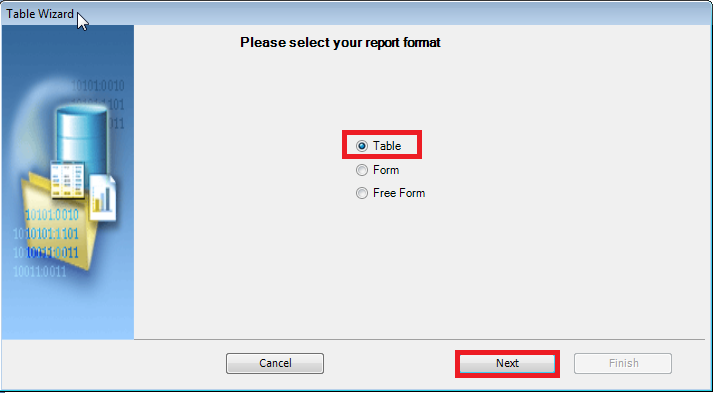 Table Wizard: Select Format