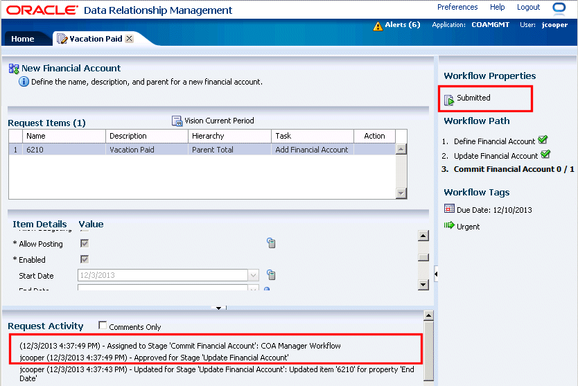 The Update Financial Account workflow stage is completed