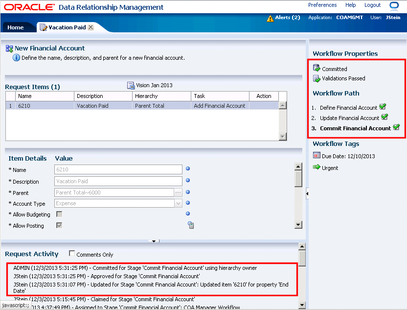 The Commit Financial Account workflow stage is completed.