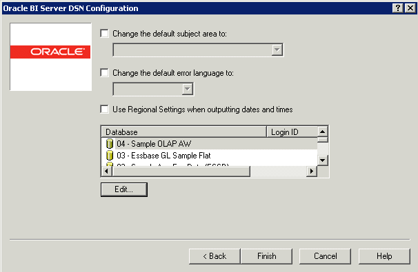 OBI Server DSN Configuration Wizard - DSN Defaults