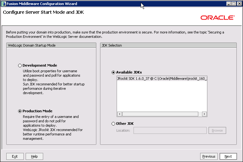 Fusion Middleware Configuration Wizard - Configure Server Start Mode and JDK