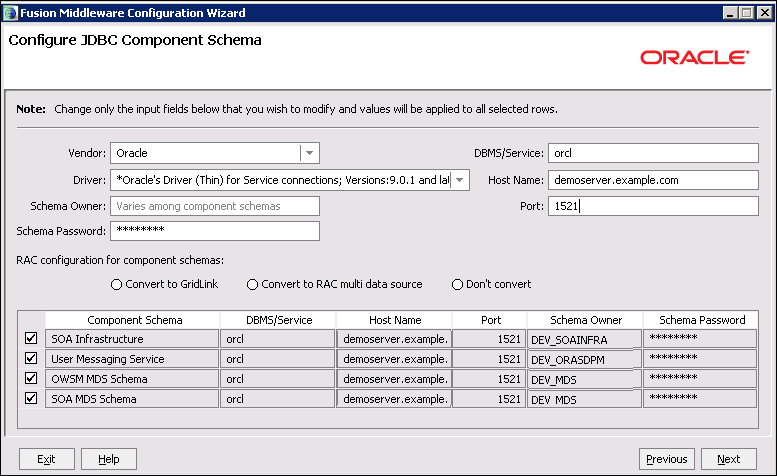 Fusion Middleware Configuration Wizard - Configure JDBC Component Schema