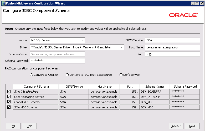 Fusion Middleware Configuration Wizard - Configure JDBC Component Schema