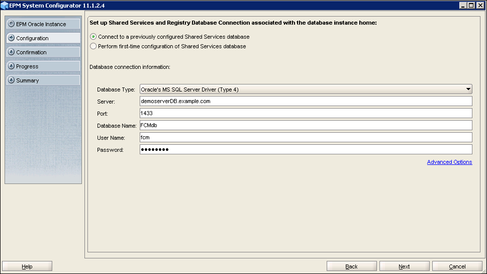 EPM System Configurator 11.1.2.4 - Enter database connection