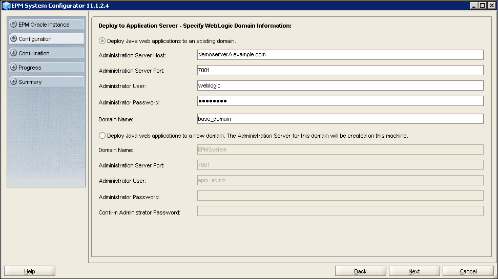 EPM System Configurator 11.1.2.4 - Deploy to Application Server - Specify WebLogic Domain Information