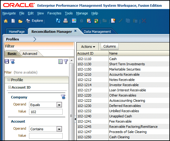 Reconciliation Mgr page