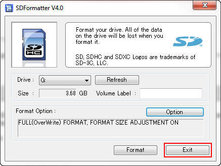 Click Exit SDFormatter dialog