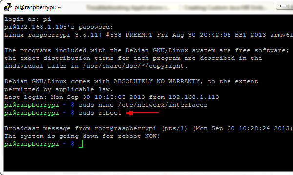 Reboot the Pi PuTTY Connection