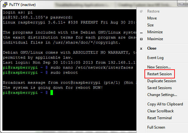 Reconnect to the Pi PuTTY Connection