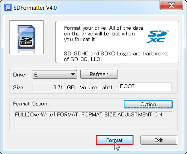 In the screenshot, the Format button is clicked to format the SD card