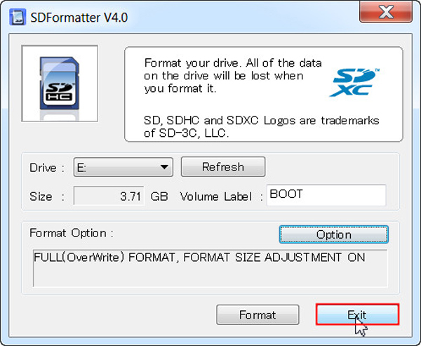 Closed the SD Formatter tool