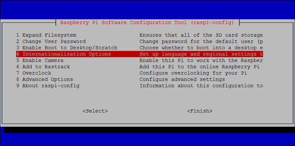 Selecting the Internationalisation Option on Raspberry Pi