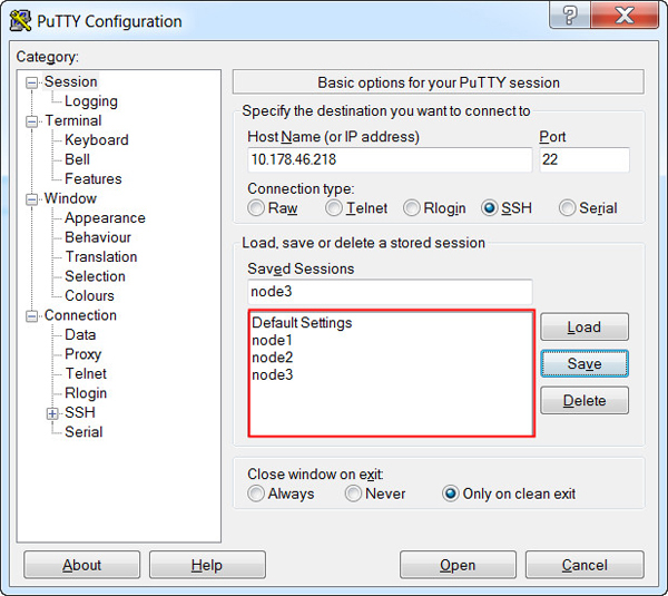 Saving node2 and node3 information on PuTTY