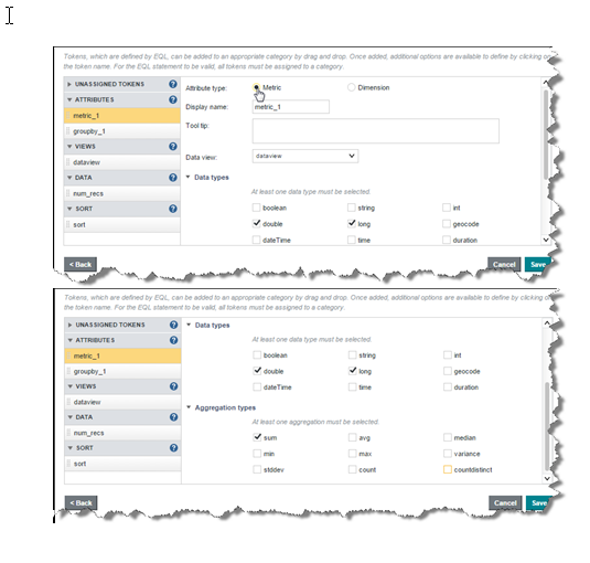 Shows Metric_1 token configuration. Attribute type = Metric. Display name = metric_1. Data view = dataview Data types = double, long. Aggregation types = sum.