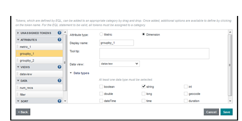 Shows groupby_1 token configuration. Attribute type = Dimension. Display name = groupby_1. Data view = dataview Data types = string. 