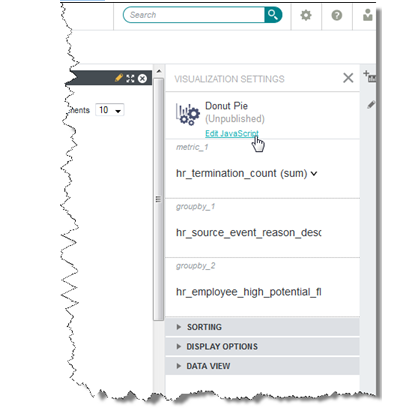 Shows the Edit JavaScript link in the Visualization Settings section of the component configuration menu.