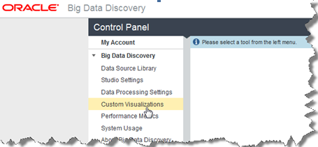 Shows selecting Custom Visualizations from the Big Data Discovery section of the Control Panel menu.