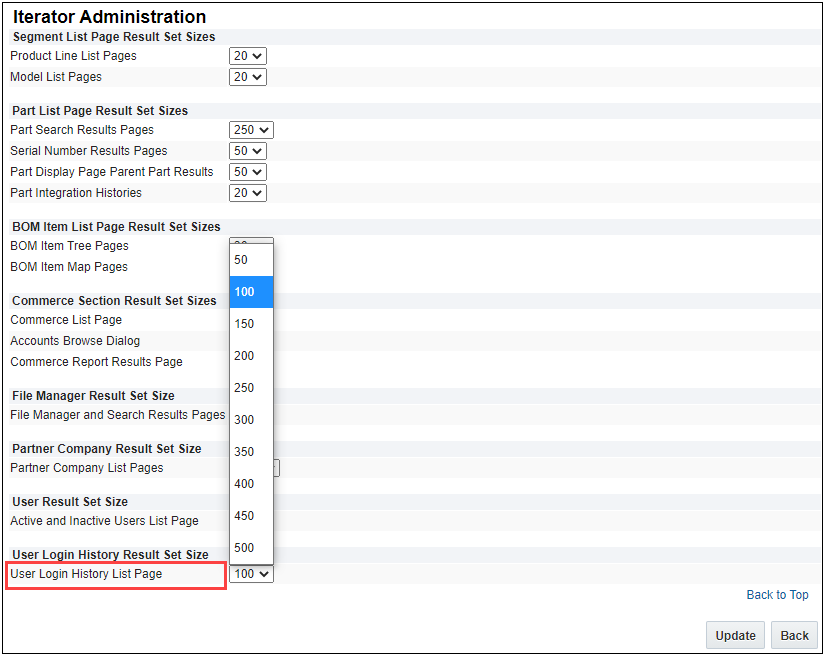 Iterator Administration Page with User Login History List Page