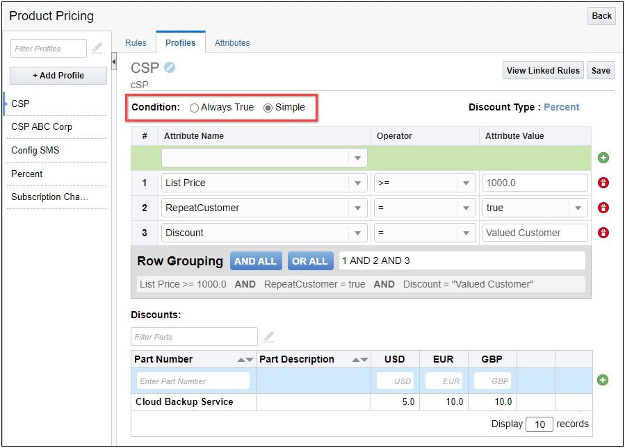 Simple condition option in Product Pricing - Profiles tab