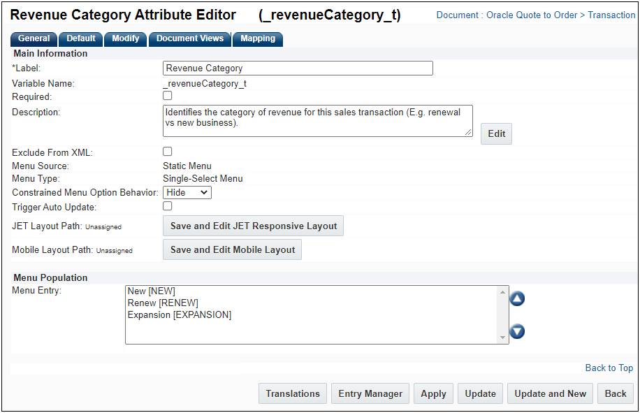 Revenue Category Attribute Editor