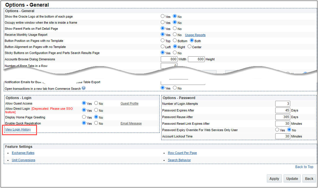 Options - General page with View Login History