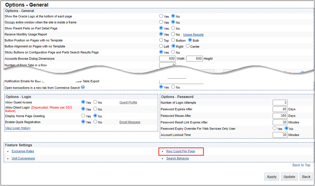 Options - General with Row Count Per Page