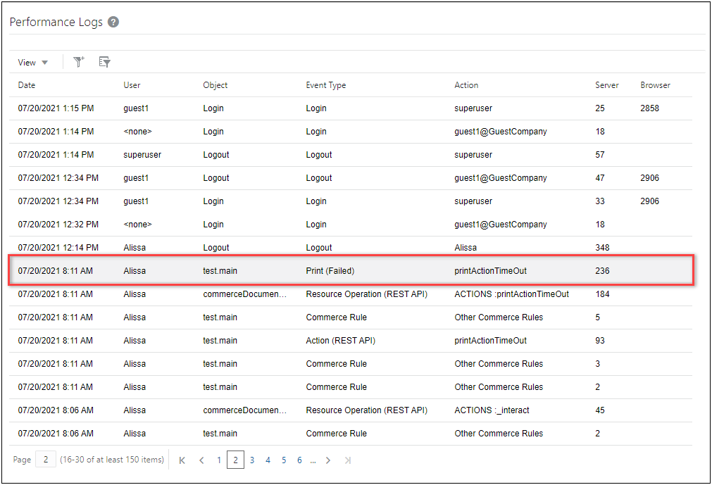 Performance log entry to print server