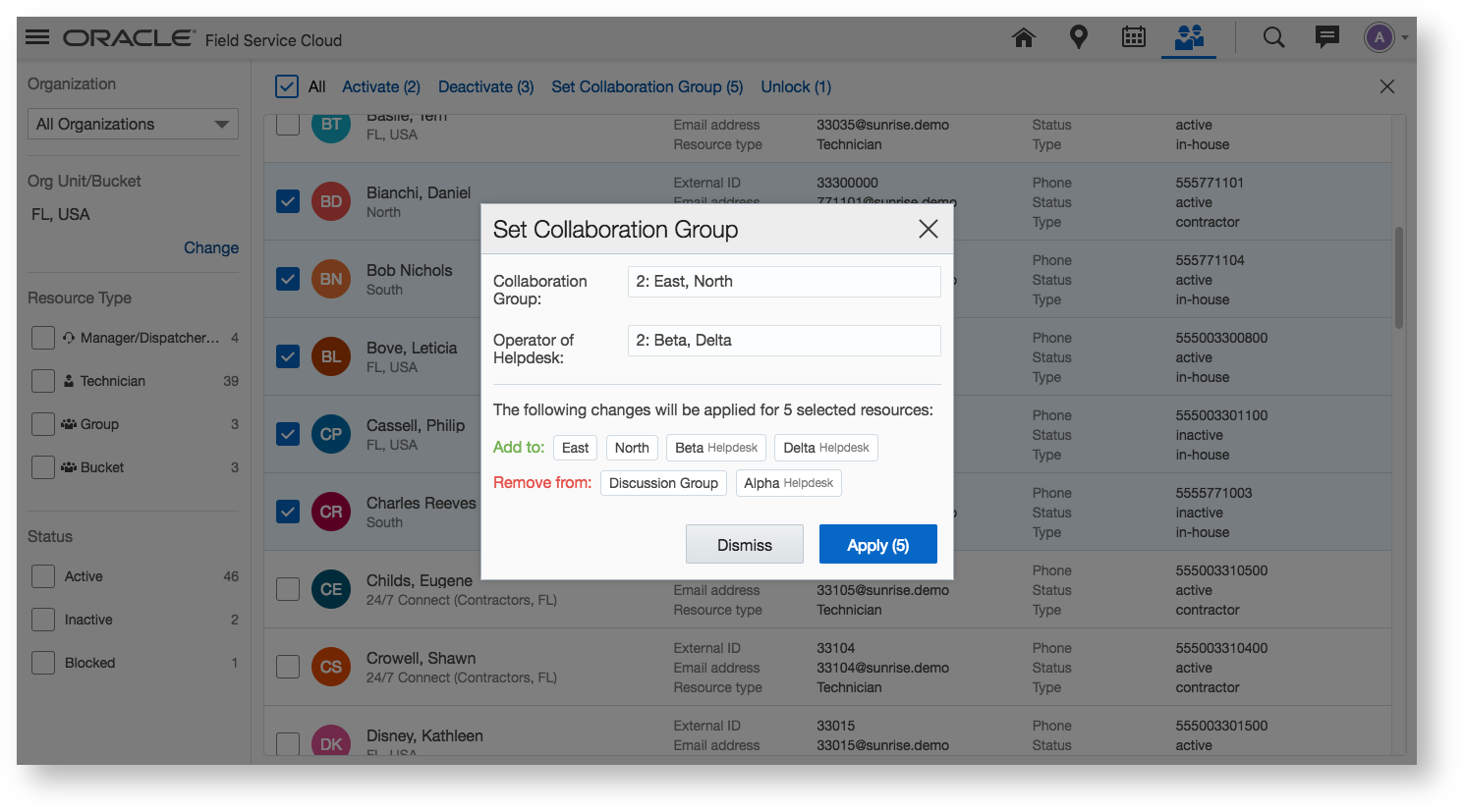 Resources Screen Showing Changes Applied to Collaboration Groups