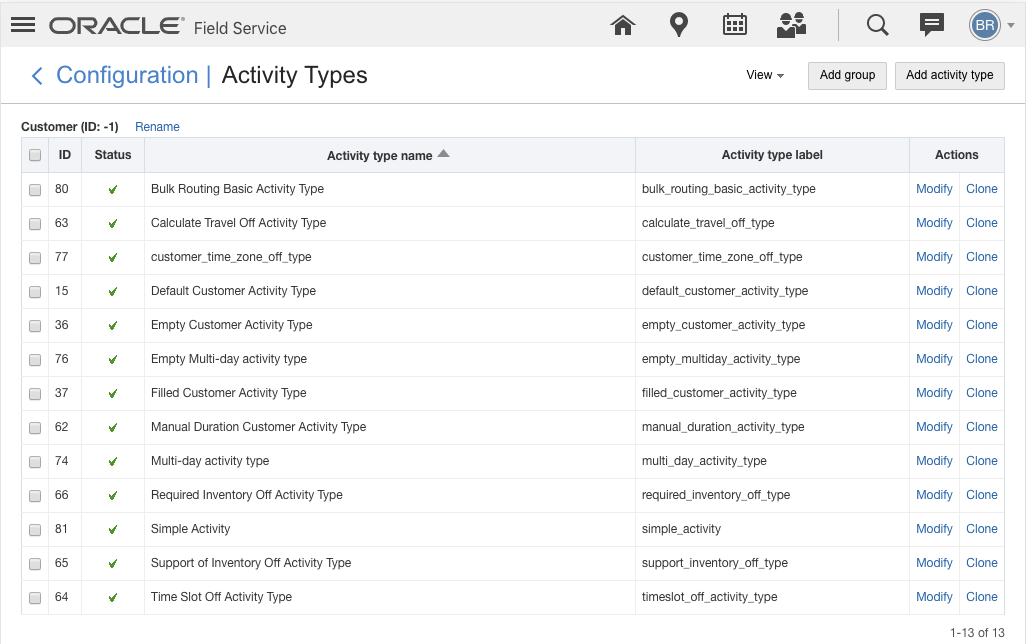 Activity Types Configuration Screen - Large Display Devices