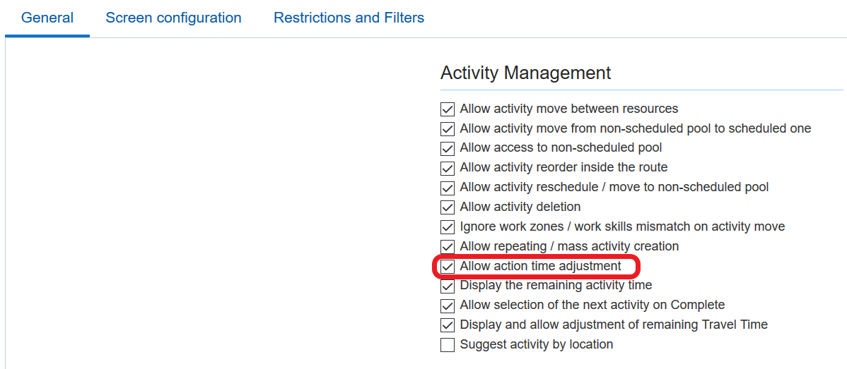 Action management section on the User Types screen