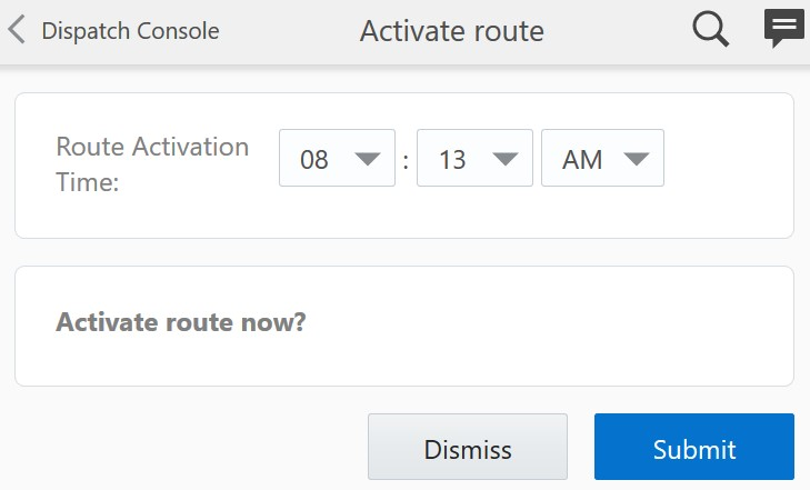 Activate route screen showing the Route Activation Time fields